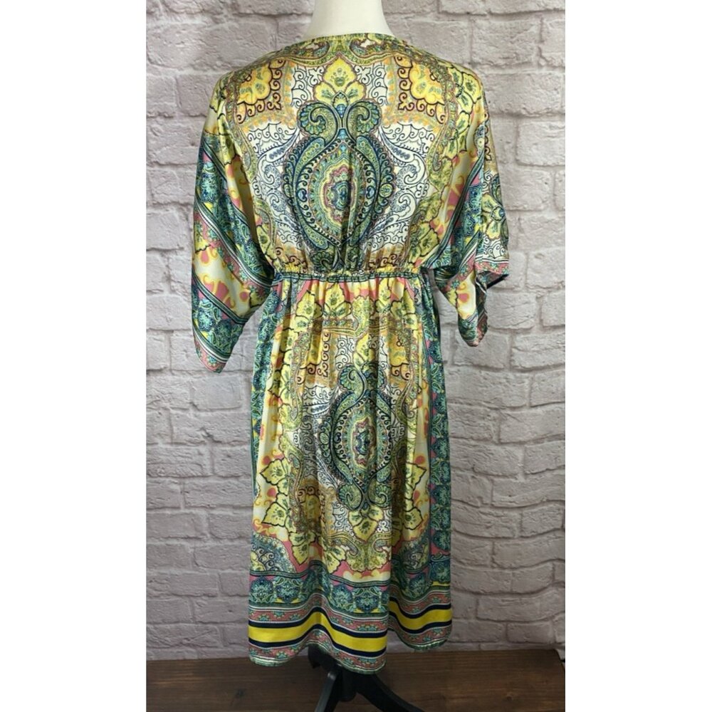 Sundance Bella Verona Dress Small Printed Kimono Sleeve Midi Caftan Satin 040 - Picture 7 of 9